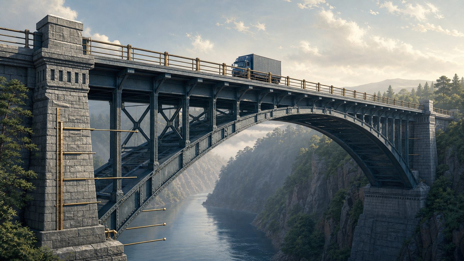 Ponte ad arco in acciaio con una scala graduata sul pilone e un camion in transito: metafora del margine di sicurezza di Benjamin Graham