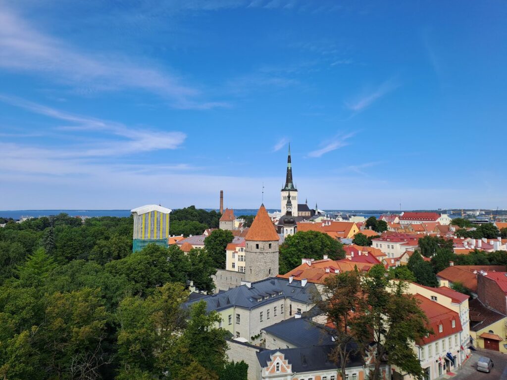 Panorama di Tallinn dalla collina di Toompea con i tetti rossi e il mar Baltico sullo sfondo